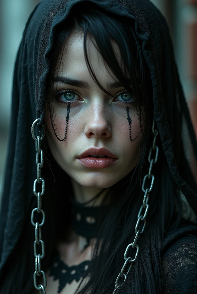 a woman with chains, beautiful detailed eyes, beautiful detailed lips, extremely detailed face, long eyelashes, intricate metal chains, industrial steel, dark moody lighting, dramatic shadows, cinematic composition, dark fantasy, dark gothic, dramatic colors, moody color palette