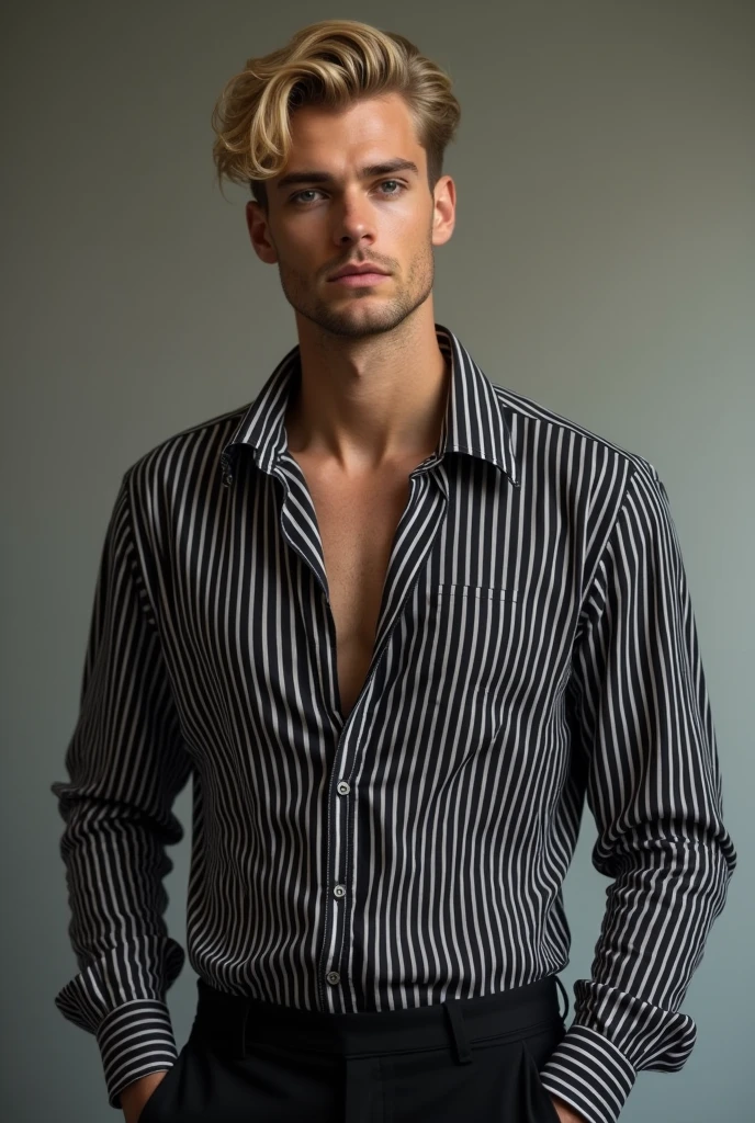 Blonde haired man with black and white shirt and black pants.