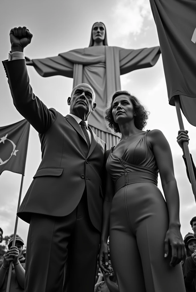 Luís Carlos Prestes and Olga Benario at Christ the Redeemer with socialist flags in black and white
