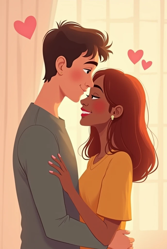 Animated Couple Relationship: White man with straight brown hair, 2, and Black woman with straight dark reddish blonde hair, 1 
