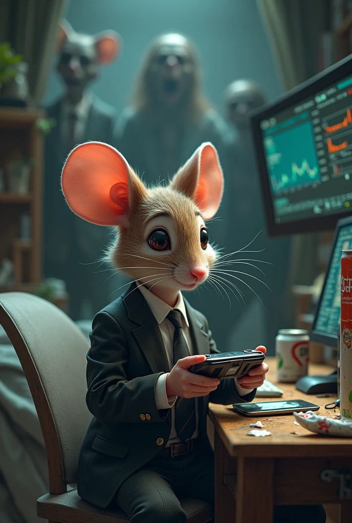 Un topo che fa trading e che gioca con la play in una cameretta zombie