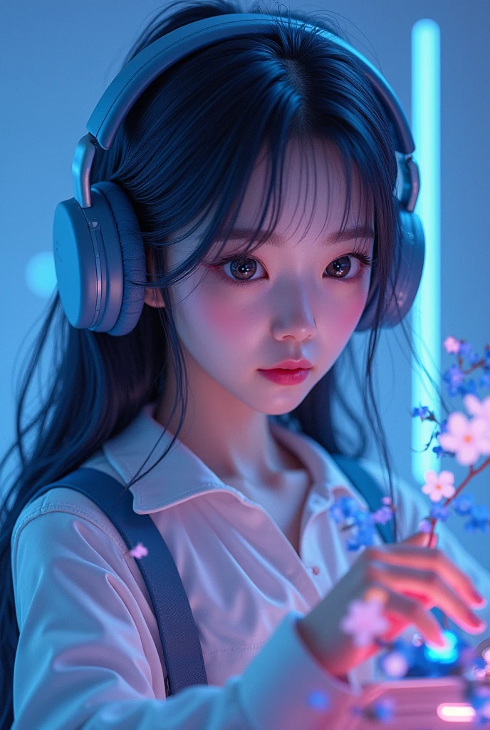 Korean gaming lady hand blue colour flowers with headphones full gaming