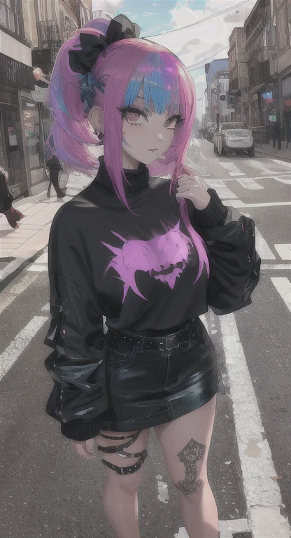 Beautiful, thick juicy, goth girlfriend, Holo punk hairstyle, streets , POV,