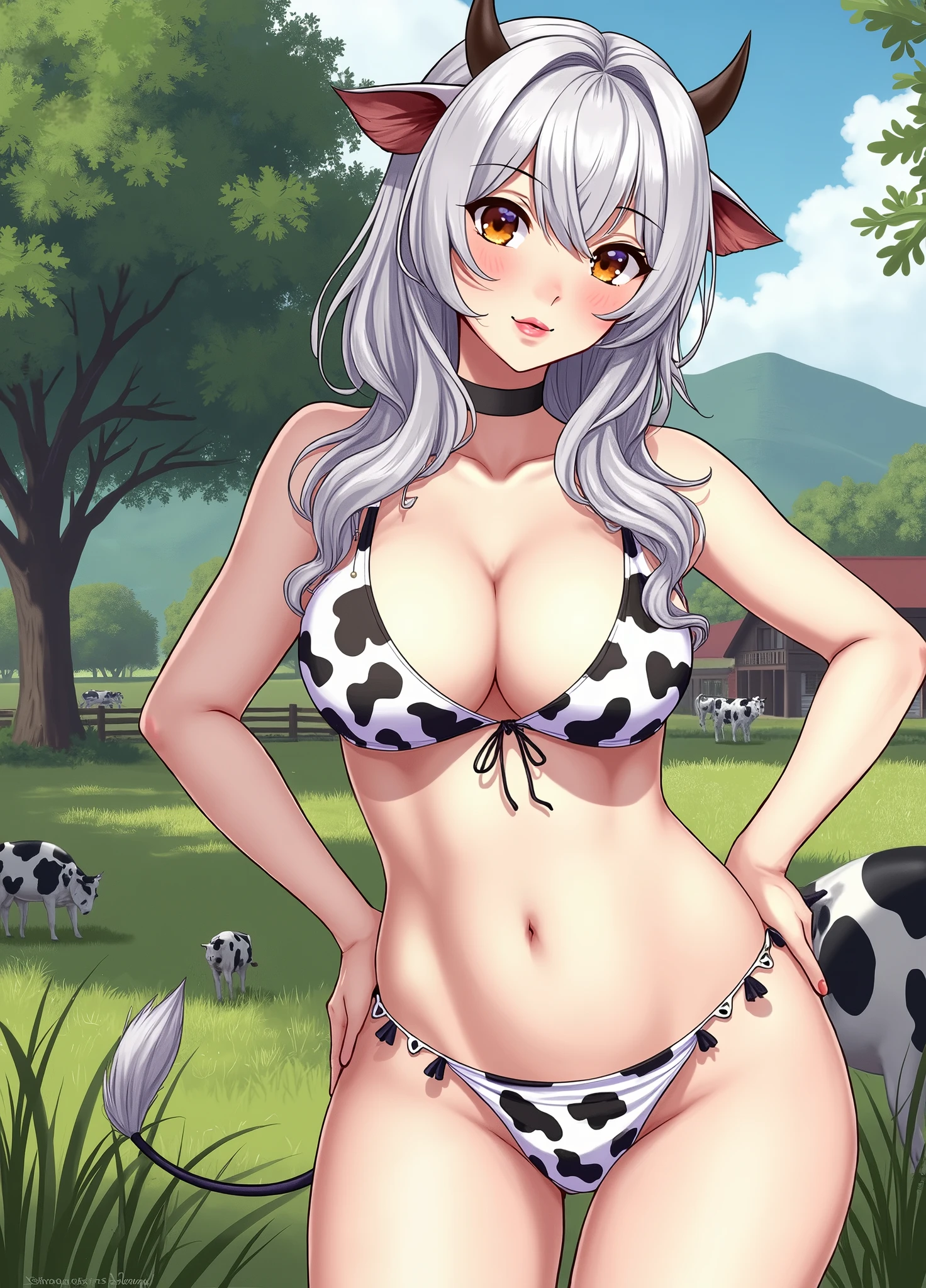 Young cow woman, sexly, (big breast:1.4), big buttock, cow bikini, in a cow pasture