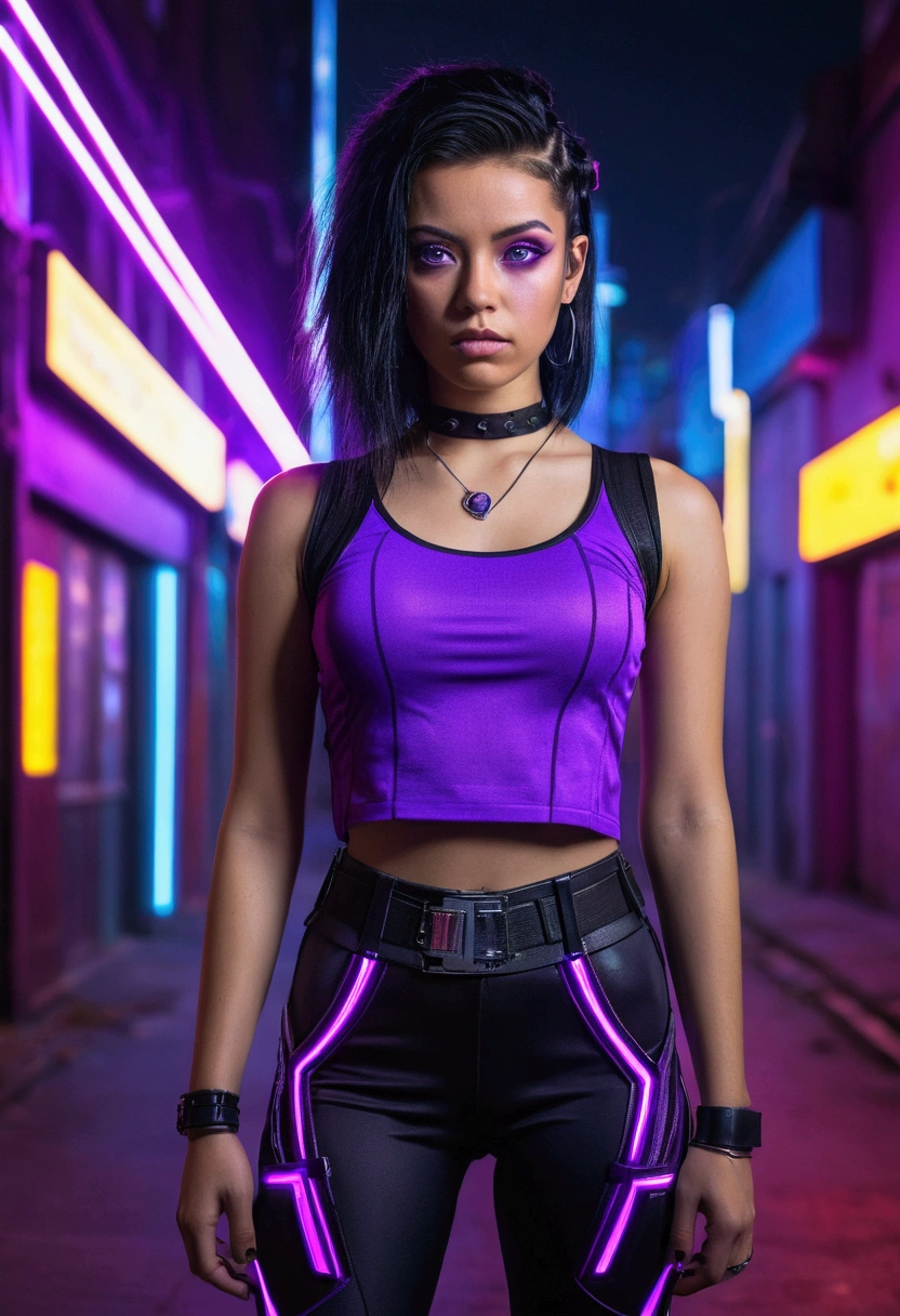 A cyberpunk inspired portrait of a young woman with loose black hair, dressed in a neon purple top and futuristic leggings. Her eyes are piercing and intense, reflecting the vibrant lights of the city behind her.. The overall aesthetic is exotic and captivating., with a touch of Victorian realism by Luke Fildes. Use a cinematic lighting setup, with a single, powerful light source that creates spectacular shadows and lights. Aspect Ratio 1:2, stylize 750, Midjourney v6