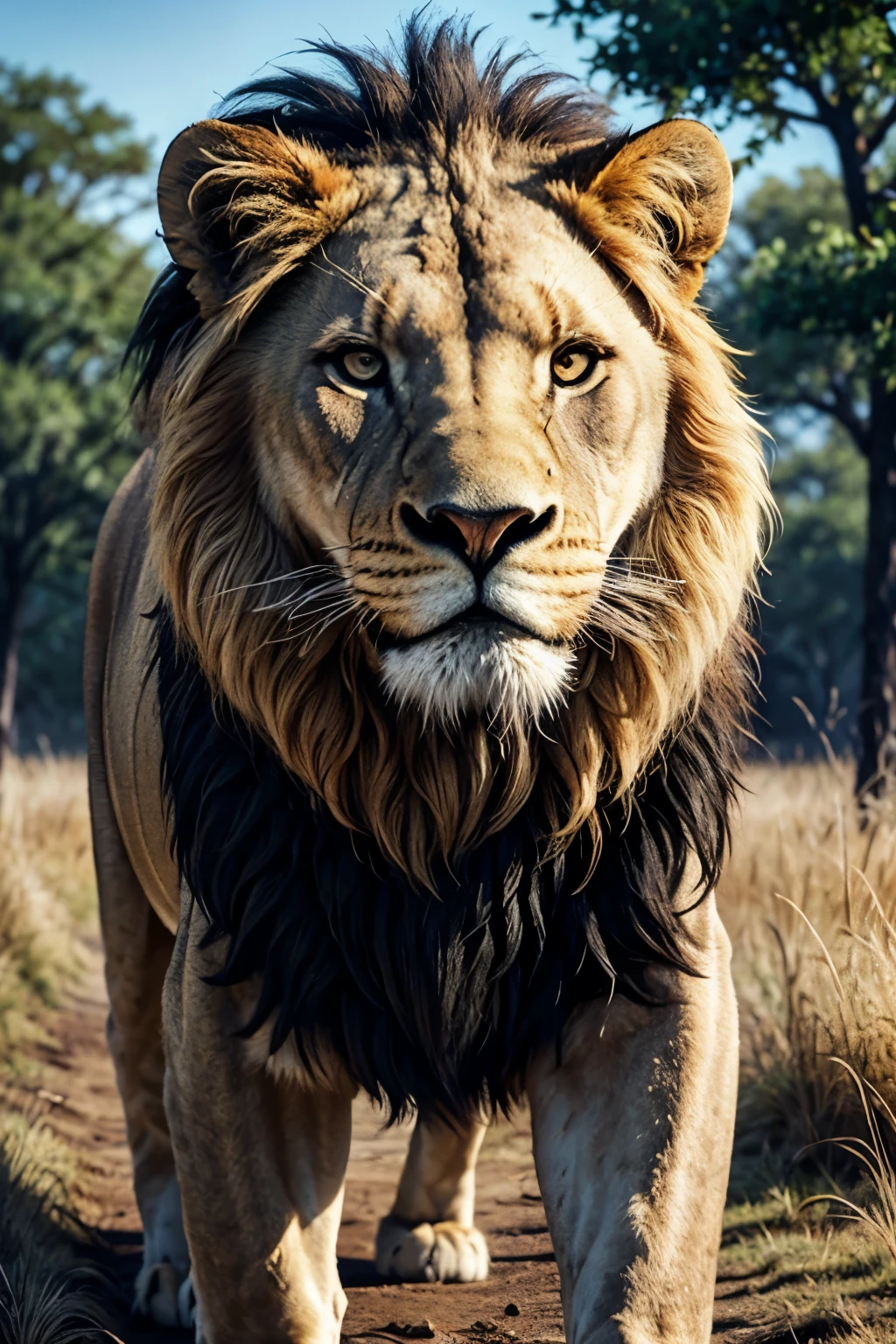 An imposing, hyper-realistic lion in a savannah, with beautiful fur, high quality, 4K, ultra HD
