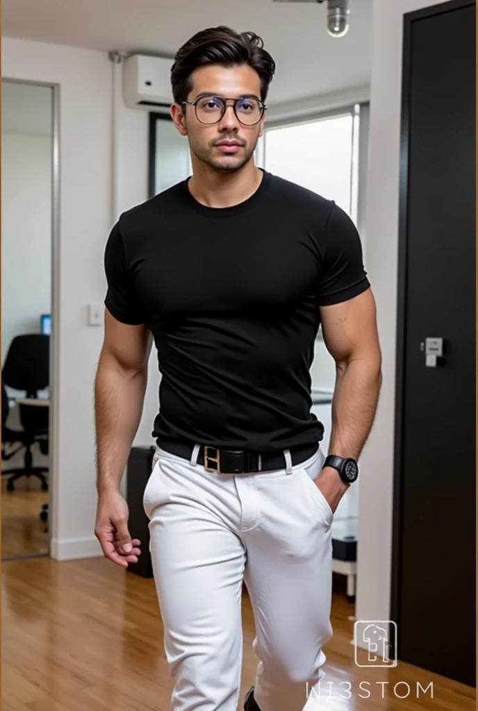 man, black fur, glasses, athletic, in office