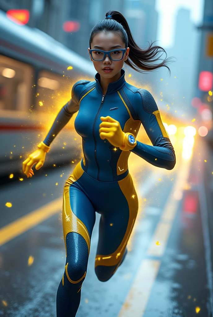 Chinese japan women average age wear jumpsuit high tech(( blue yellow)) age 15. high tech belt. ))Running effect. flat chest. Glowing yellow power.((wear jacket blue))short girl. Runfast effect.(( turtle neck dress)).. ((Wear blue big round glasses big frame)).running speed of light . latex suit. big tight. running athlete.pontytail hair. Braces teeth.((running racing track )).Bokeh background. Panning effect. Yellow high tech watch. a beautiful young chinese women, , wearing a high-tech blue and yellow very tight jumpsuit.(( wear jacket bomber jacket blue yellow)), venus body type.. unning with style pose . ,floating water pallet, photorealistic.(( fast train effect))detailed facial features, long hair, elegant pose, dynamic lighting. ((glowing body yellow lightning thundereffect)), 8k, award-winning digital art, intricate details, vibrant colors, cinematic composition. very fasr run, highly detailed.(( star light trail effect)). speed of light. froze time effect. at the city.run water . spash water. the girl run fast on wet road. background speed of light((.knee cover shield ))

