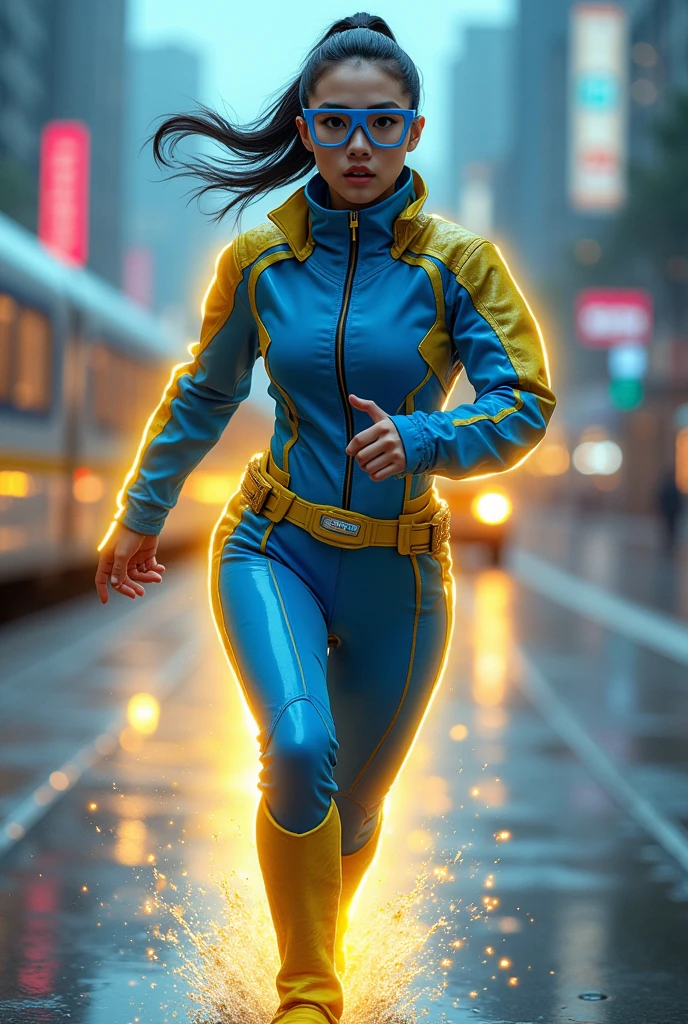 Chinese japan women average age wear jumpsuit high tech(( blue yellow)) age 15. high tech belt. ))Running effect. flat chest. Glowing yellow power.((wear jacket blue))short girl. Runfast effect.(( turtle neck dress)).. ((Wear blue big round glasses big frame)).running speed of light . latex suit. big tight. running athlete.pontytail hair. Braces teeth.((running racing track )).Bokeh background. Panning effect. Yellow high tech watch. a beautiful young chinese women, , wearing a high-tech blue and yellow very tight jumpsuit.(( wear jacket bomber jacket blue yellow)), venus body type.. unning with style pose . ,floating water pallet, photorealistic.(( fast train effect))detailed facial features, long hair, elegant pose, dynamic lighting. ((glowing body yellow lightning thundereffect)), 8k, award-winning digital art, intricate details, vibrant colors, cinematic composition. very fasr run, highly detailed.(( star light trail effect)). speed of light. froze time effect. at the city.run water . spash water. the girl run fast on wet road. background speed of light((.knee cover shield ))
