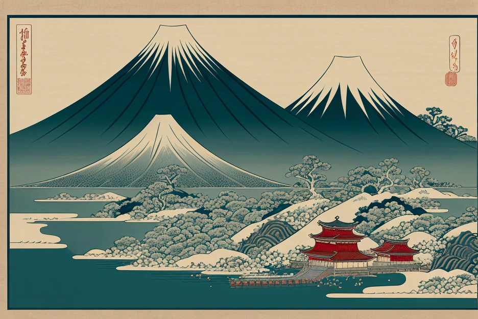 A picture of a mountain with a tower in front, In the Ukiyo-e art style, Japanese art style, Japanese Landscape, japanese woodblock print style, Ukiyo-e style, Japanese painting, Ukiyo-e style, You look stylish, Inspired by Hanbei Yoshida, Detailed painting 4k, Japan Inspired Poster
