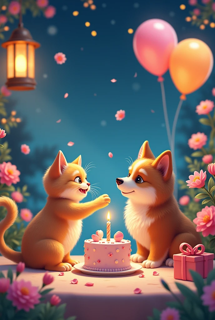 A little cat and a dog, cake, balloons, night, flowers, a gift