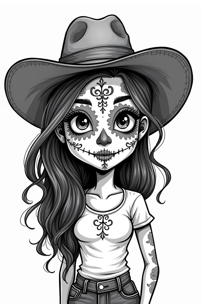 ( Black and white doodle style cartoon) Brazilian northeastern woman, Beautiful Mary, leather hat, mexican skull makeup 