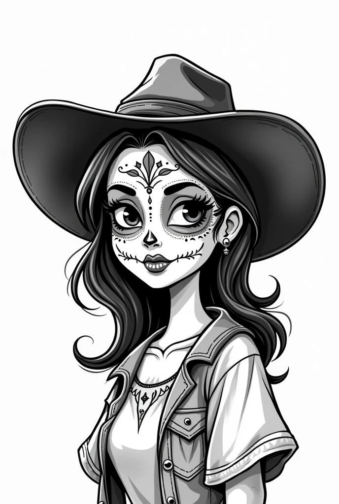 ( Black and white doodle style cartoon) Brazilian northeastern woman, Beautiful Mary, leather hat, mexican skull makeup