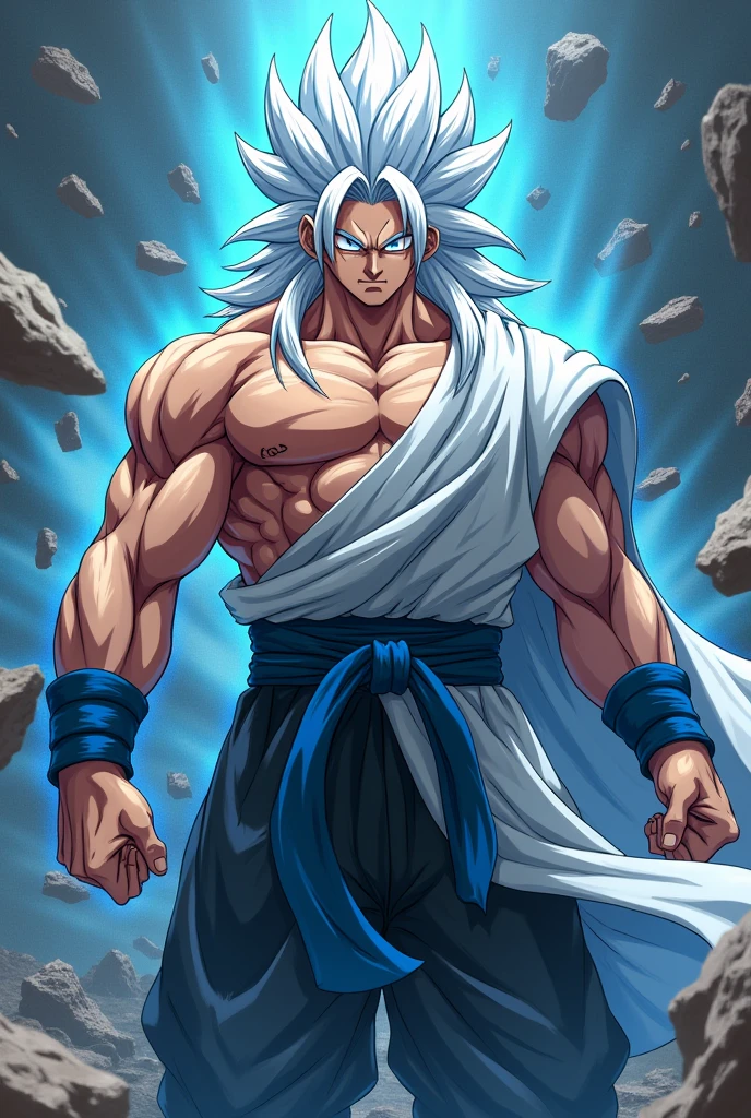Create an unique anime Character who is the mixture of baki+ Goku +garou and gojo white hair blue eyes make it the best muscular character ever