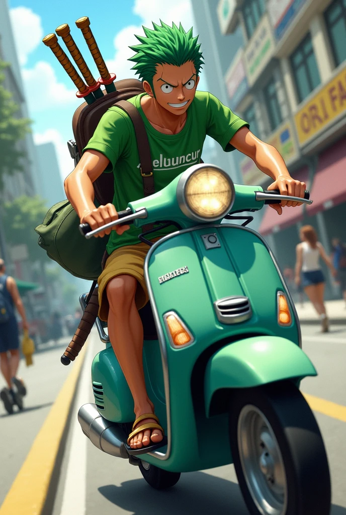 Zoro rides a moped wearing a green shirt that says MELUNCUR on his shirt