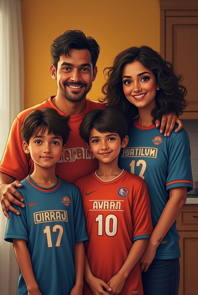 A father who wear Girraj name jersey a mother who wear Sarita name jersey and a boy who wear Aman name jersey and a girl who wear Nisha name jersey