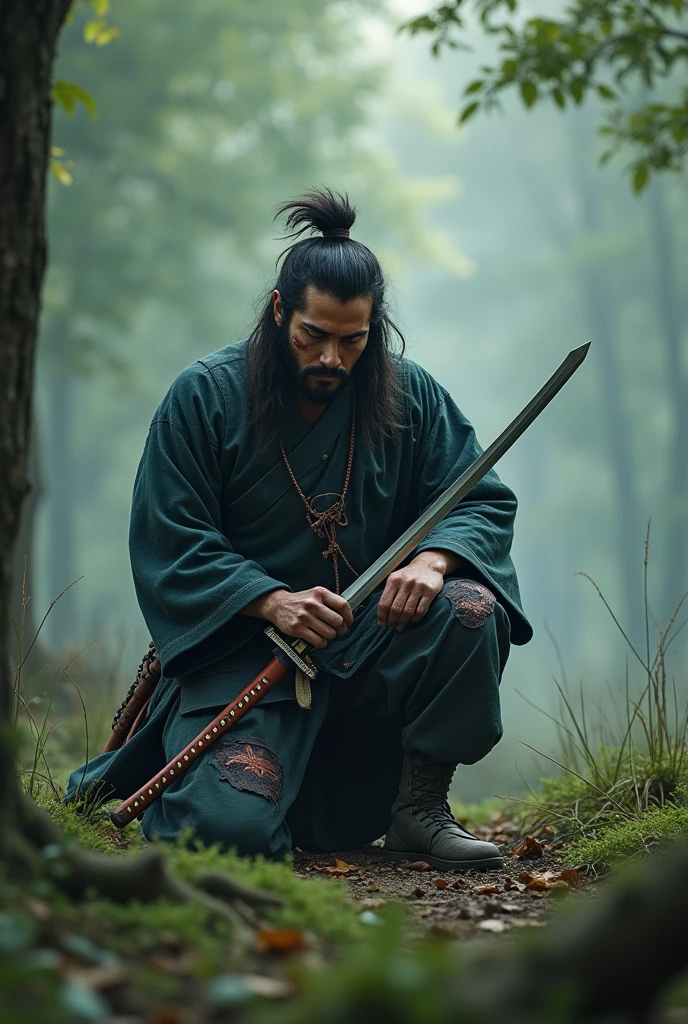 Brave Samurai, wounded after a fierce battle, dressed in his Samurai warrior uniform, kneeling on one knee and leaning on his sword; in the middle of the forest with the mist of dawn; one of his hands touches his left side where he was wounded; masterpiece; UHD; 8k