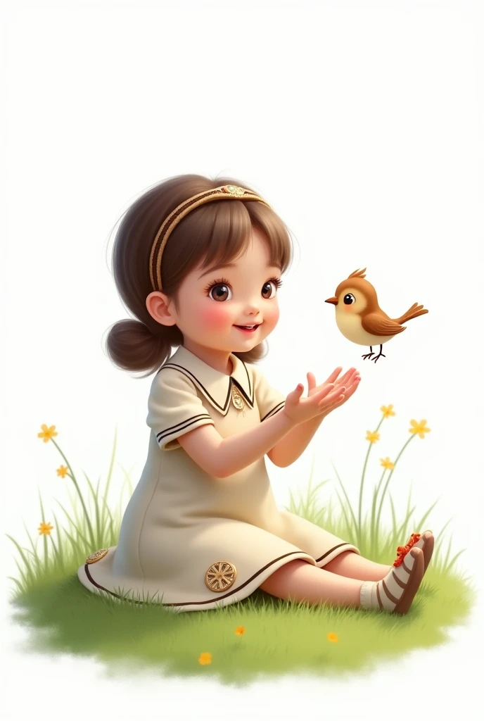 white background,cute siting on grass,she look at the little bird,rais her hands to the little bird,little bird flying,best quality,smart frock wearing the girl