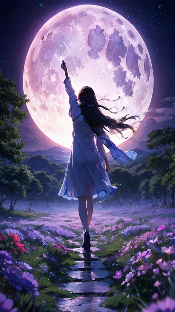 1 person, Straight Long Hair, dress, Calm posture, Porcelain-like skin, Sea of night、Fantastic Moon