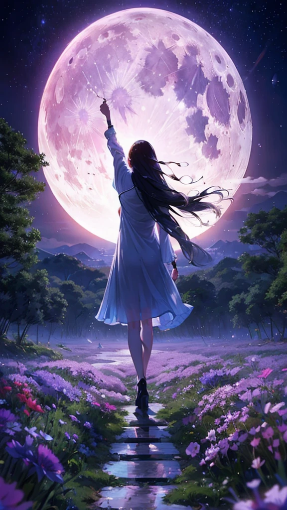 1 person, Straight Long Hair, dress, Calm posture, Porcelain-like skin, Sea of night、Fantastic Moon