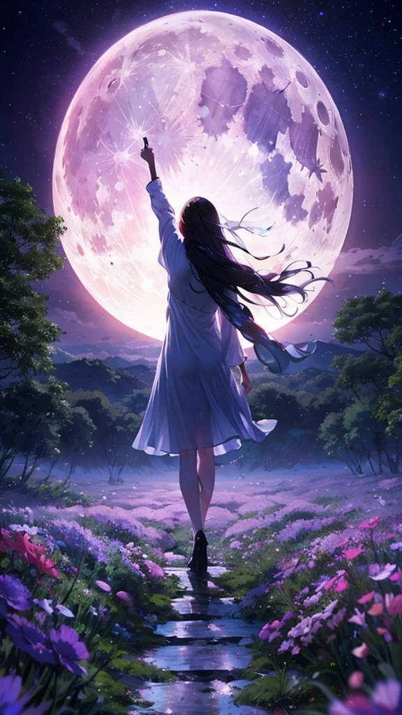 1 person, Straight Long Hair, dress, Calm posture, Porcelain-like skin, Sea of night、Fantastic Moon