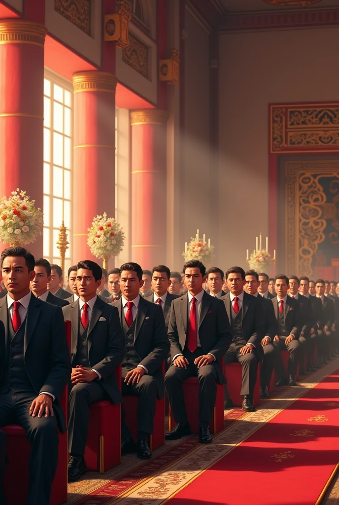 In a wedding ceremony, many men are sitting together in the hall room.