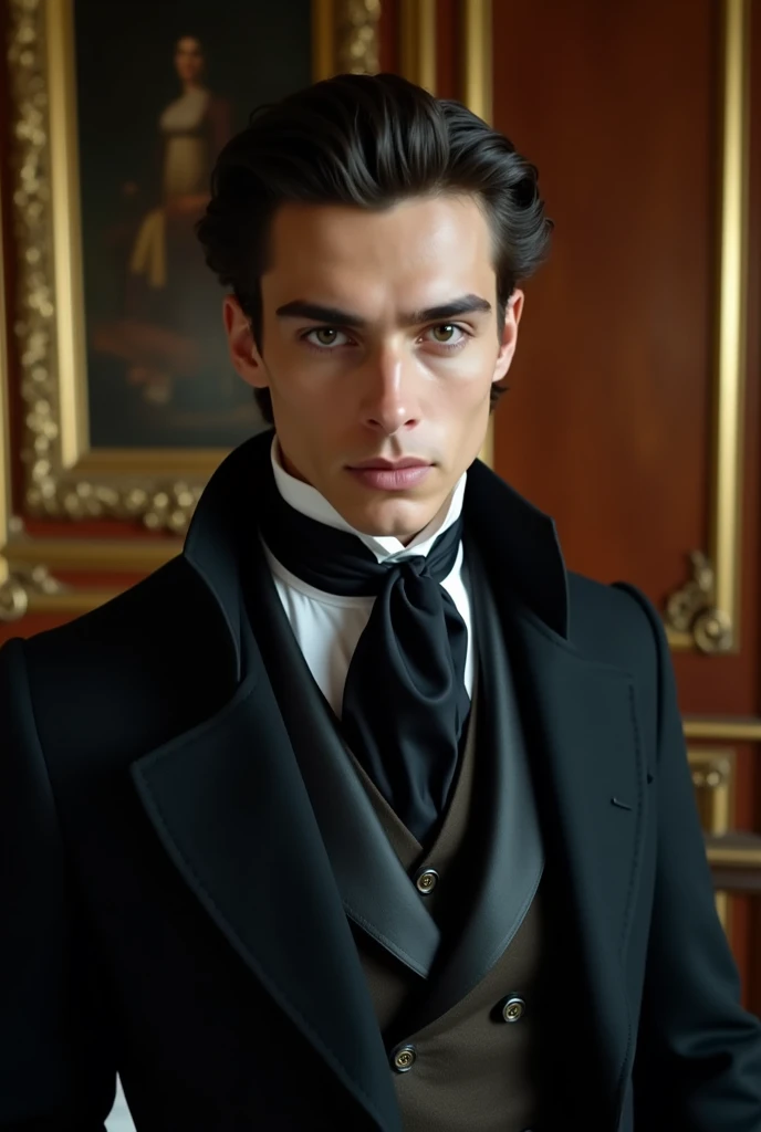A strikingly handsome young nobleman from the late 19th century, with dark, neatly styled hair and intense, dark eyes. He has a chiseled jawline and a confident, almost predatory expression. He is dressed in elegant formal wear typical of the era, including a tailored black coat, a dark waistcoat, and a white dress shirt with a high stiff collar. A dark cravat is tied neatly at his neck, and he exudes an air of wealth and entitlement. The background shows an opulent room with rich wood paneling, golden accents, and ornate furnishings, reflecting his high social status and ambitious nature.