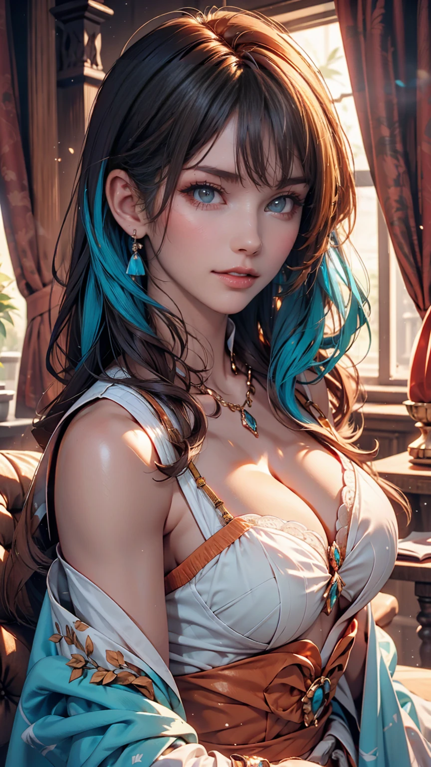 Light blue hair, Turquoise Eyes, Long eyelashes, Big Red Lips, Apricot-colored eyes, beauty, Like, Curly Hair, Princess