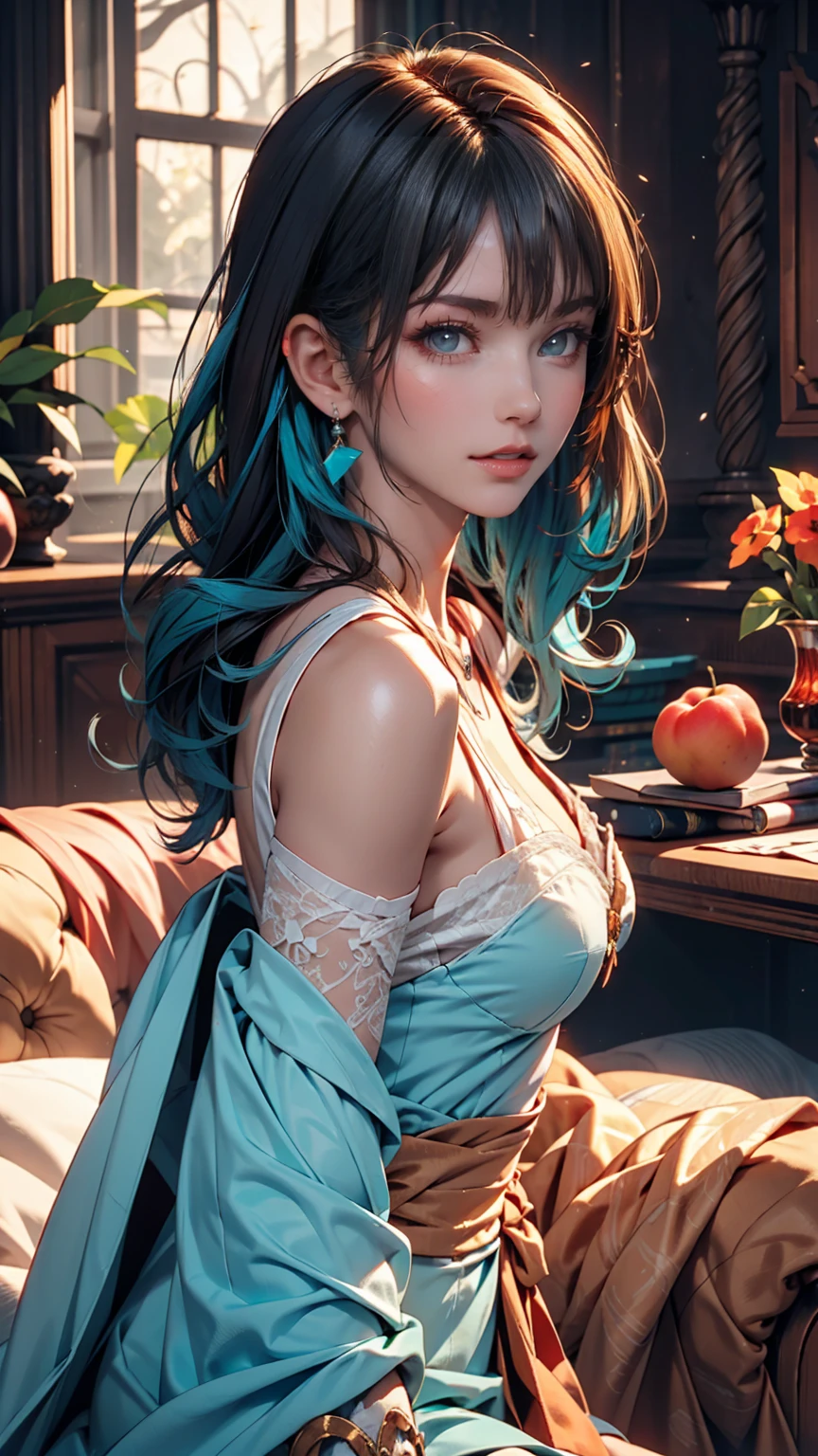 Light blue hair, Turquoise Eyes, Long eyelashes, Big Red Lips, Apricot-colored eyes, beauty, Like, Curly Hair, Princess