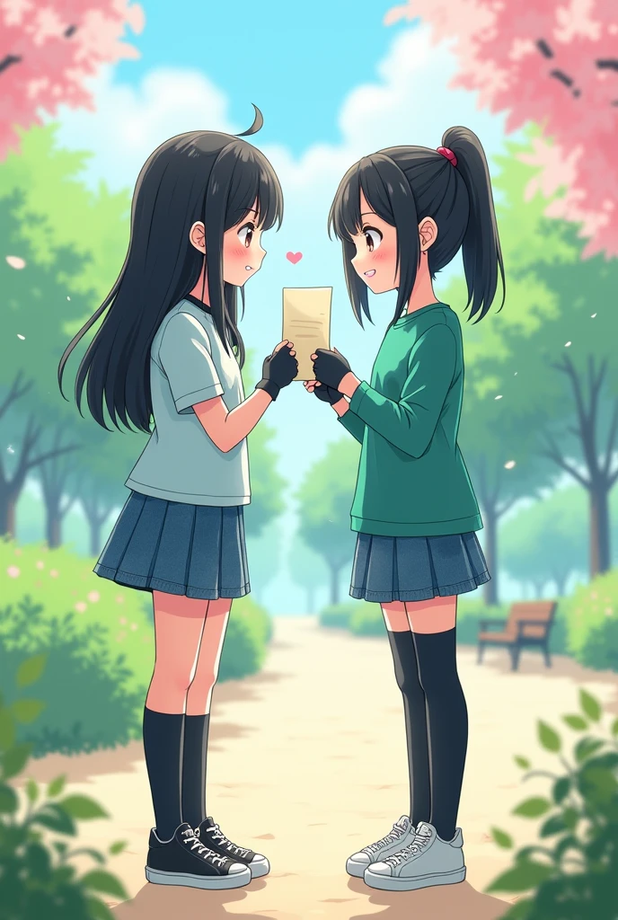 Anime beautiful blushing shy girl Ayato Aishi holding love letter. (you are cute lesbian girl to her that she love) Ayano Aishi has pale skin, dark grey eyes, and straight, mid-back length black hair. She stands at a height of 165 cm (5 ft. 5 in), weighs 43.5 kg (96 lbs.), and has average-sized breasts. Her hair is tied into a high ponytail with sharp bangs swept to the right, the middle one being the most prominent, and two strands of hair that frame her face, reaching to her shoulders. Ayano will wear a teal-green shirt, blue denim skirt, black thigh high socks, black gloves, and sneakers.