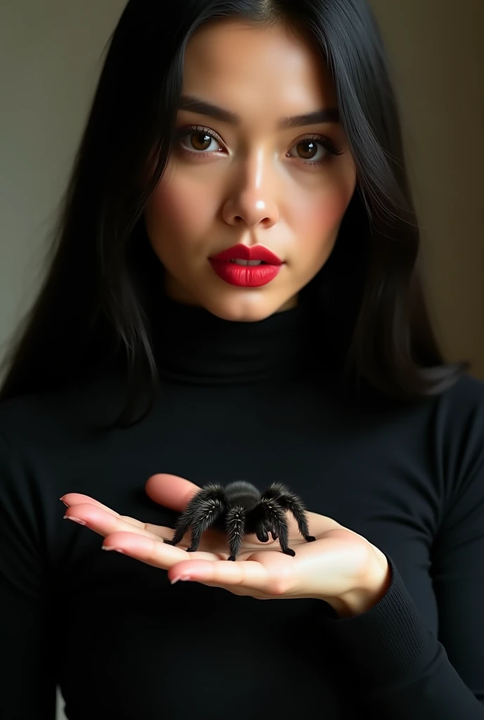 ultra realistic, photography, portrait, close-up, extreme close-up, long black straight hair, (30 years old, hazel eyes, hourglass figure, perfect fit body, slightly tanned skin, natural big breasts), red lipstick, she is wearing a tight black turtleneck top, she has a tarantula crawling over her hand