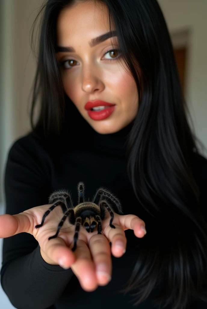 ultra realistic, photography, portrait, close-up, extreme close-up, long black straight hair, (30 years old, hazel eyes, hourglass figure, perfect fit body, slightly tanned skin, natural big breasts), red lipstick, she is wearing a tight black turtleneck top, she has a tarantula crawling over her hand