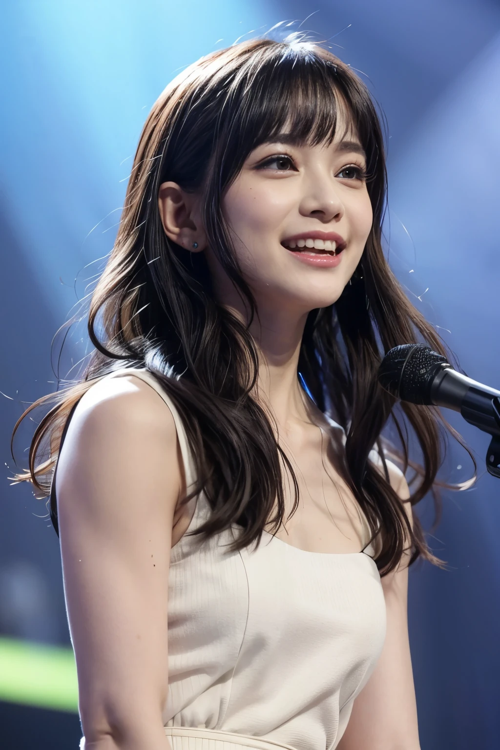 realistic, on the stage of the concert, brightly lit by spotlights on the stage, extremely bright lighting, wearing light green one-piece dress, singing while jumping, long silver hair, hair is blowing in the wind, hair is shaggy and dishevelled, beautiful white-colored translucent skin and face, sweat splashes, slendar figure, skiny chest, heavy and vivid makeup, small nose, smooth shaped jawline, glossy face, heavy flushed cheeks, big smile, close-up shot