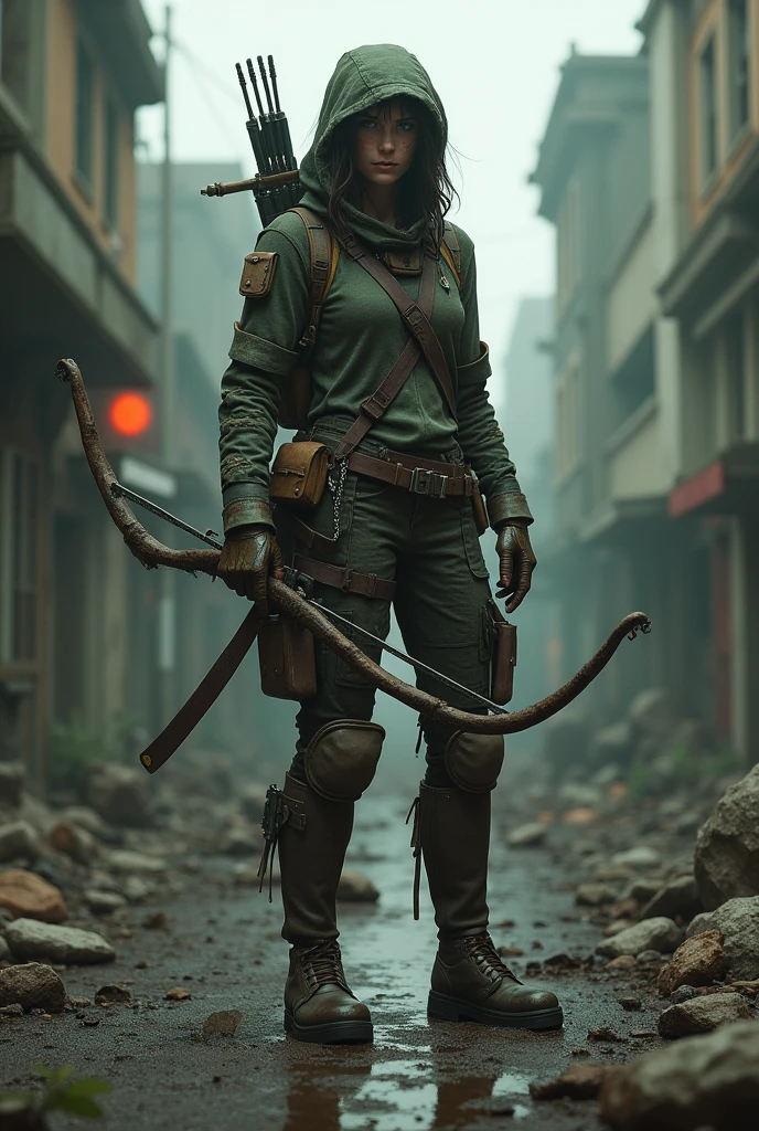 A female character in a post-apocalyptic setting, inspired by the game 7 Days to Die. She is equipped with medium-sized stealth armor., matching a survivor look. The surrounding scenery shows a destroyed urban environment, with ruined buildings and abandoned vehicles. The character is holding a bow, with a knife attached to his waist, ready to ambush undead that are in the distance. The atmosphere is tense, in low light, focusing on shadows and contrasts to highlight the character's stealth. The color palette should be dark, with shades of gray and dark green predominating, reflecting the hostile and dangerous environment