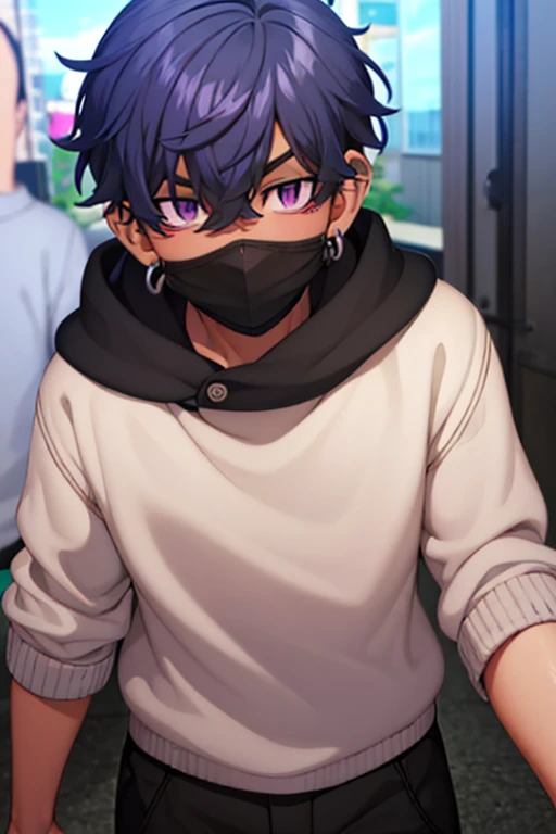 A boy with dark skin, unruly black hair with dark purple streaks, a mask covering his mouth, vibrant hot pink irises and light dark circles under his eyes, black clothes.