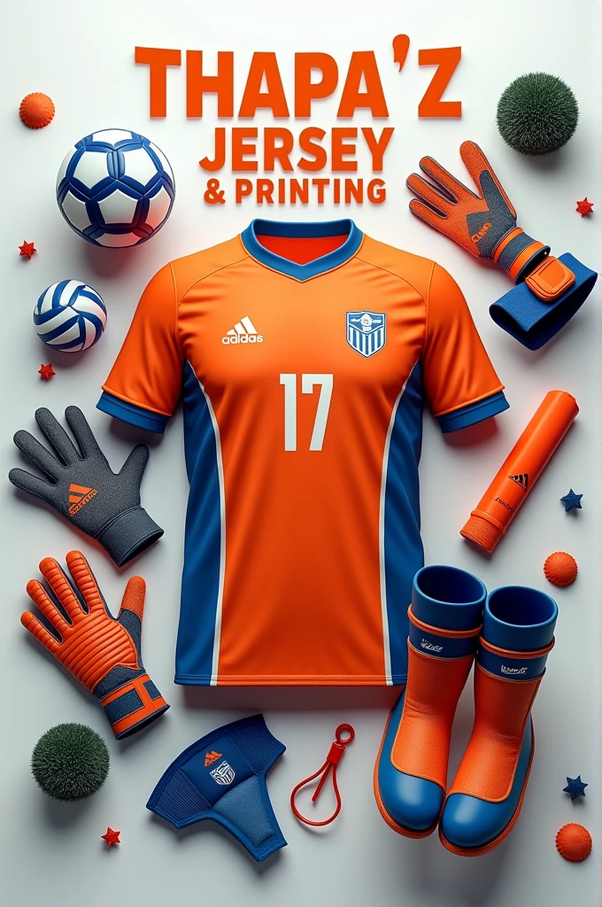 Create a 3D poster with the name of 'Thapa'z Jersey & Printing.
Add the picture of soccer and volleyball with their shoes and keeper gloves
Also add the picture of pad and shockes of adidas