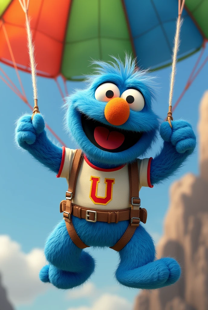a cheerful blue character from Sesame Street, Pancho Contreras, with yellow eyes with black pupils, a nose the color of an egg, brown eyebrows, wearing a cream-colored soccer jersey with a cherry-colored U, jumping from a helicopter with a parachute.