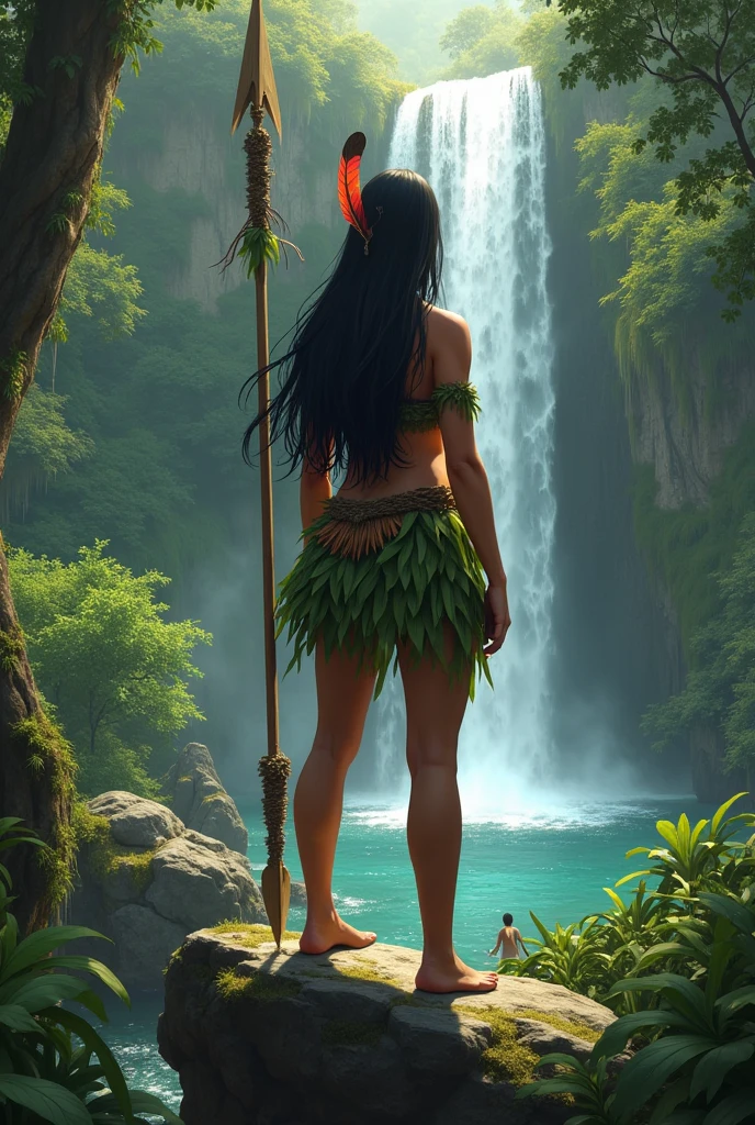 An adult cabocla with straight hair, wearing a small leaf skirt and a top with a feather on her head and holding a spear, at a forest, on top of a small rock looking at a waterfall