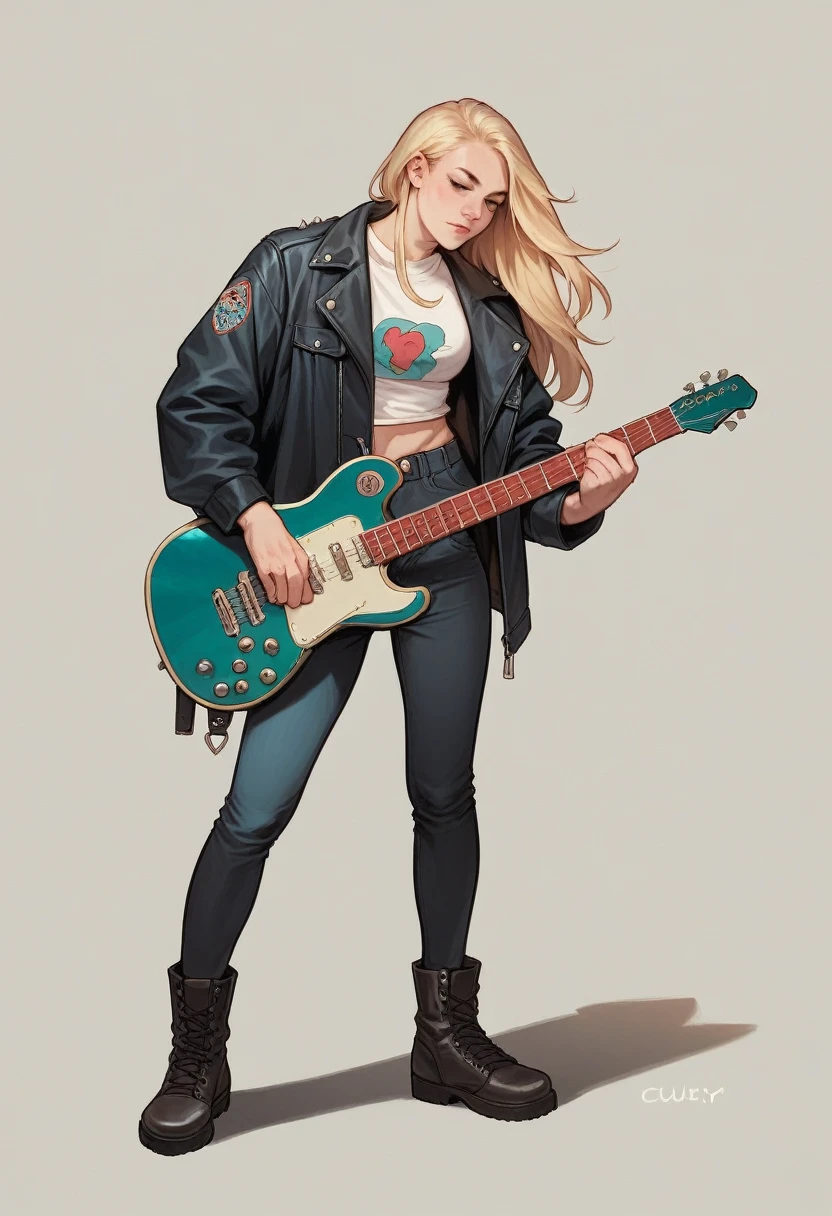 Photo Realistic full body sexy metal girl with a electric guitar long and culry blonde hair perfect body, black learher jacket in a show 