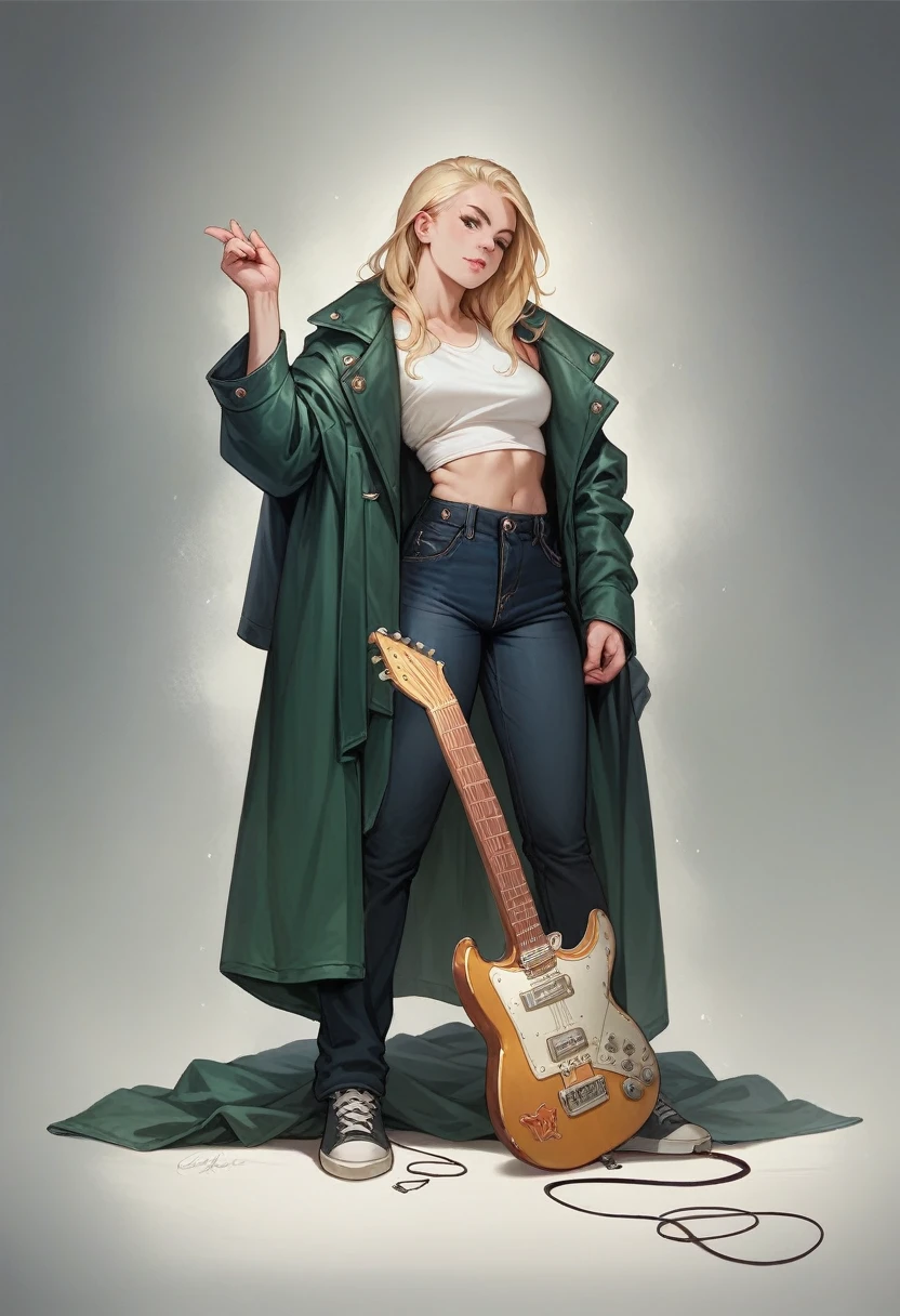 Photo Realistic full body sexy metal girl with a electric guitar long and culry blonde hair perfect body, black learher jacket in a show 