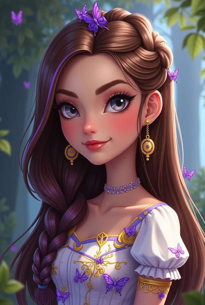 Imagem da filha de Cerise Hood e Cedar Wood de Ever After High: You must have straight brown hair with a white streak, with braid on top of the head with purple streak, dark brown leather imitating wood, gray eyes, white dress with purple on top, yellow and blue on the bottom with leaves, butterfly elements on clothes