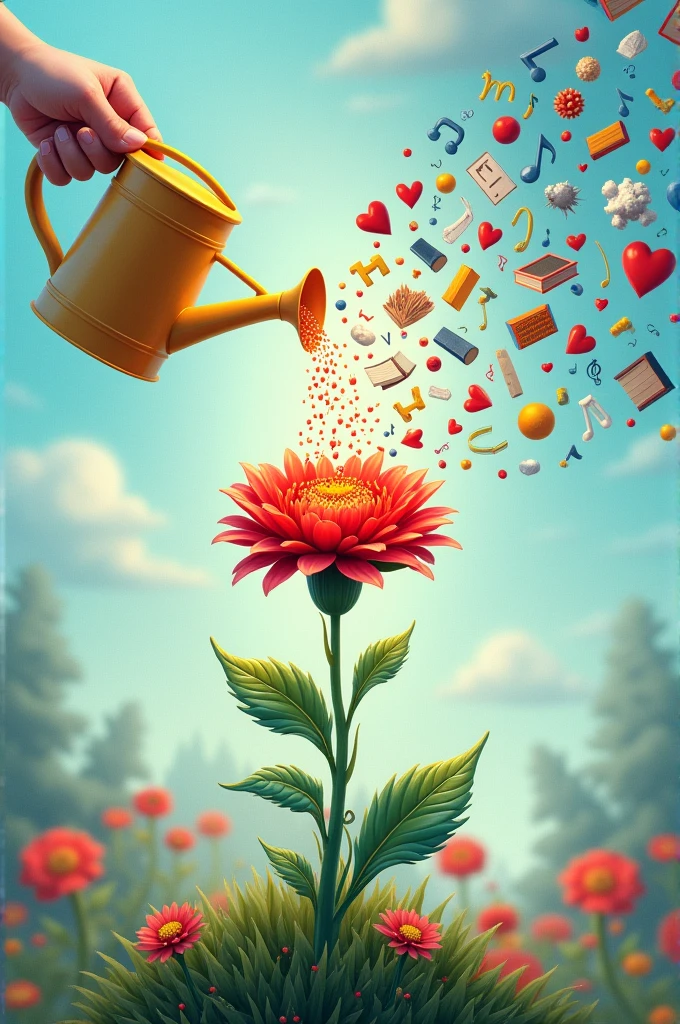 Red flower, blue and white, being watered by a watering can that produces,books,hearts,musical notes,numbers,LETTERS,pellets,Brushes.