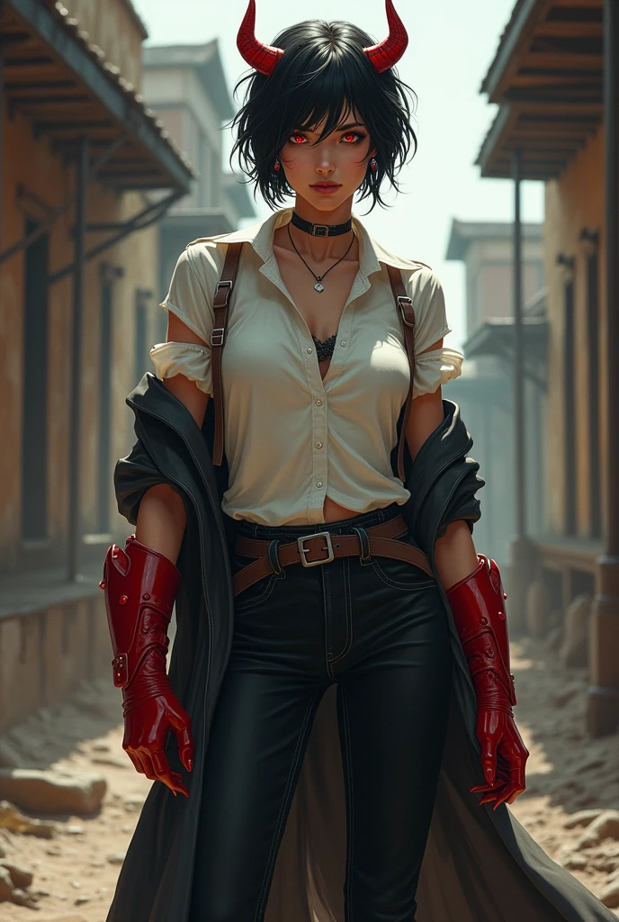 I would like a white woman with red eyes, short black hair, earrings, well-groomed, wearing a dress shirt with ripped sleeves, a coat only on her shoulders, black pants, boots, a bit crazy, with demon horns, and large red gauntlets on her hands. I would like her to have a mature style and for the art to be in a fantasy RPG style set in the Old West.
