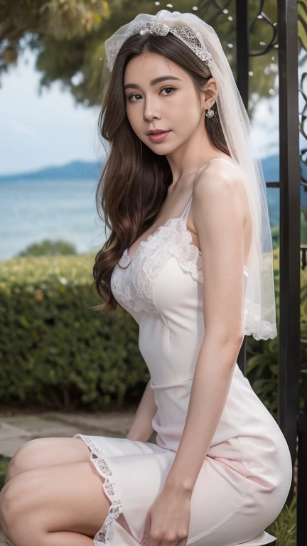 photo, photo realistic, (photorealistic:1.4), best quality, high quality, 4K, RAW, masterpiece, realistic lightning, beautiful face,
1girl, solo, (1), (), gravure idol, (medium breasts), 
black hair, (medium hair:1.2), (wavy hair:1.2),
((light) pink lips:1.3), closed mouth, (smiling:0.8),
(bride:1.2), (((white)) wedding lace dress:1.2), wedding veil, 
looking at viewer, (knee to top), (beautiful arms:1.2), (front view),
BRAKE,
(outdoors:1.4),