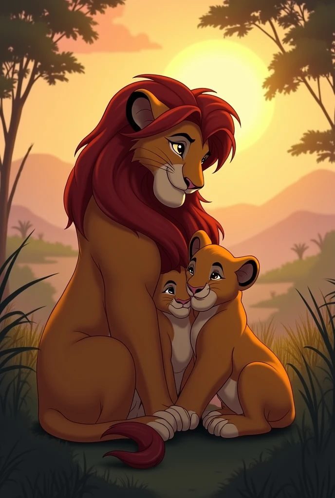 Nala, the mother lion, gently gathering Wijji and Elli close to her as the sky darkens.