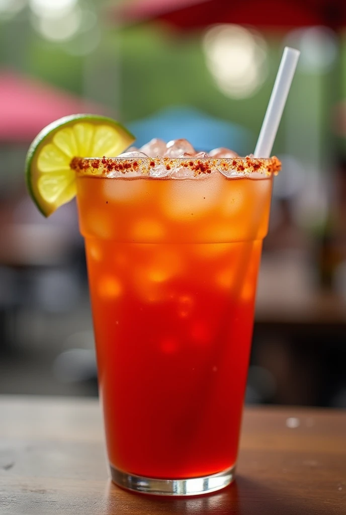 MICHELADA IN A DISPOSABLE GLASS WITH A STRAW