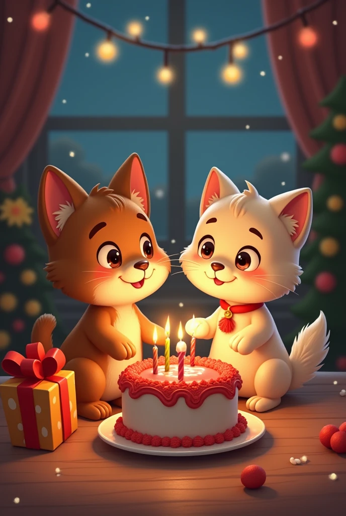 A little cat and a dog, cake, night, a gift, red