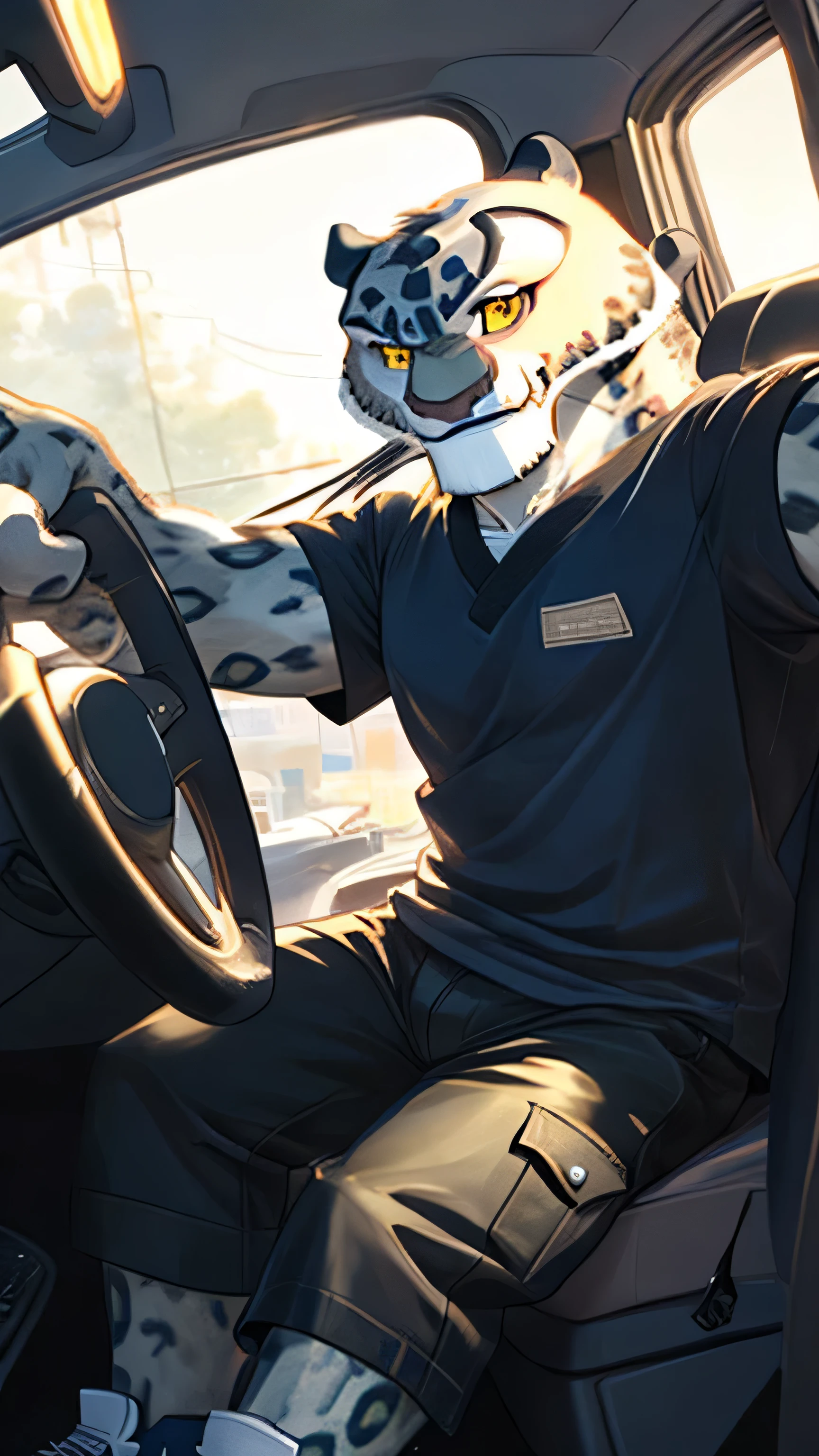 Kung Fu Panda cartoon, furry snow leopard Tai Lung, handsome, extremely beautiful face, perfectly detailed yellow eyes with perfectly detailed pupils, muscular body, gentle look, blue t-shirt, denim cargo shorts, blue sneakers, sexy, hot, tall, slender, smile, sitting in car, selfie