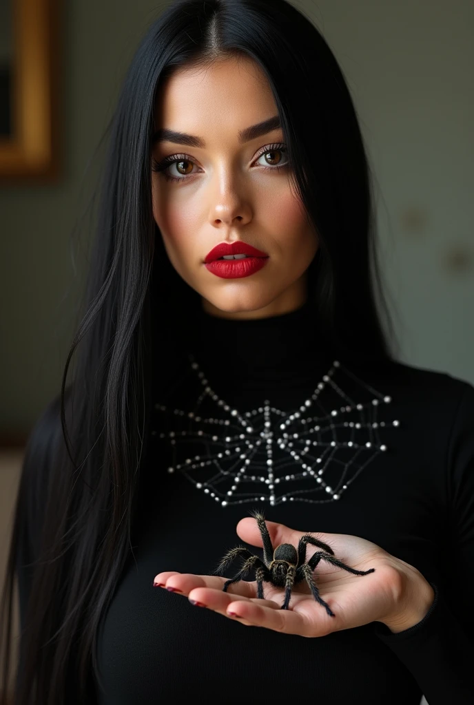 ultra realistic, photography, portrait, close-up, extreme close-up, long black straight hair, (30 years old, hazel eyes, hourglass figure, perfect fit body, slightly tanned skin, natural big breasts), red lipstick, she is wearing a tight black turtleneck top with a spiderweb design, she has a tarantula crawling over her hand