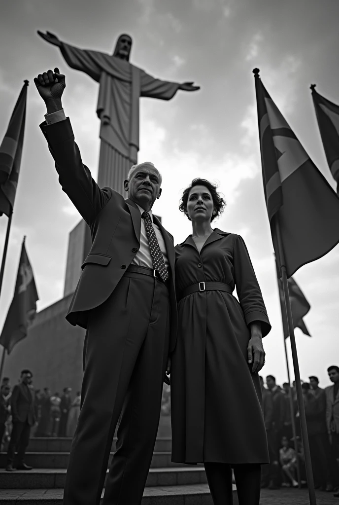 Luís Carlos Prestes and Olga Benario at Christ the Redeemer with socialist flags in black and white
